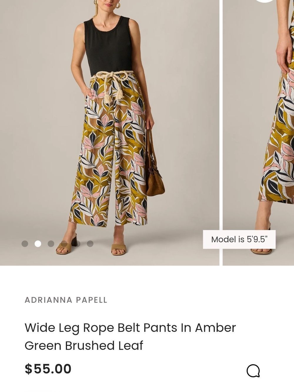 Adrianna Papell Amber Green Wide-Leg Leaf Print Pants with Rope Belt